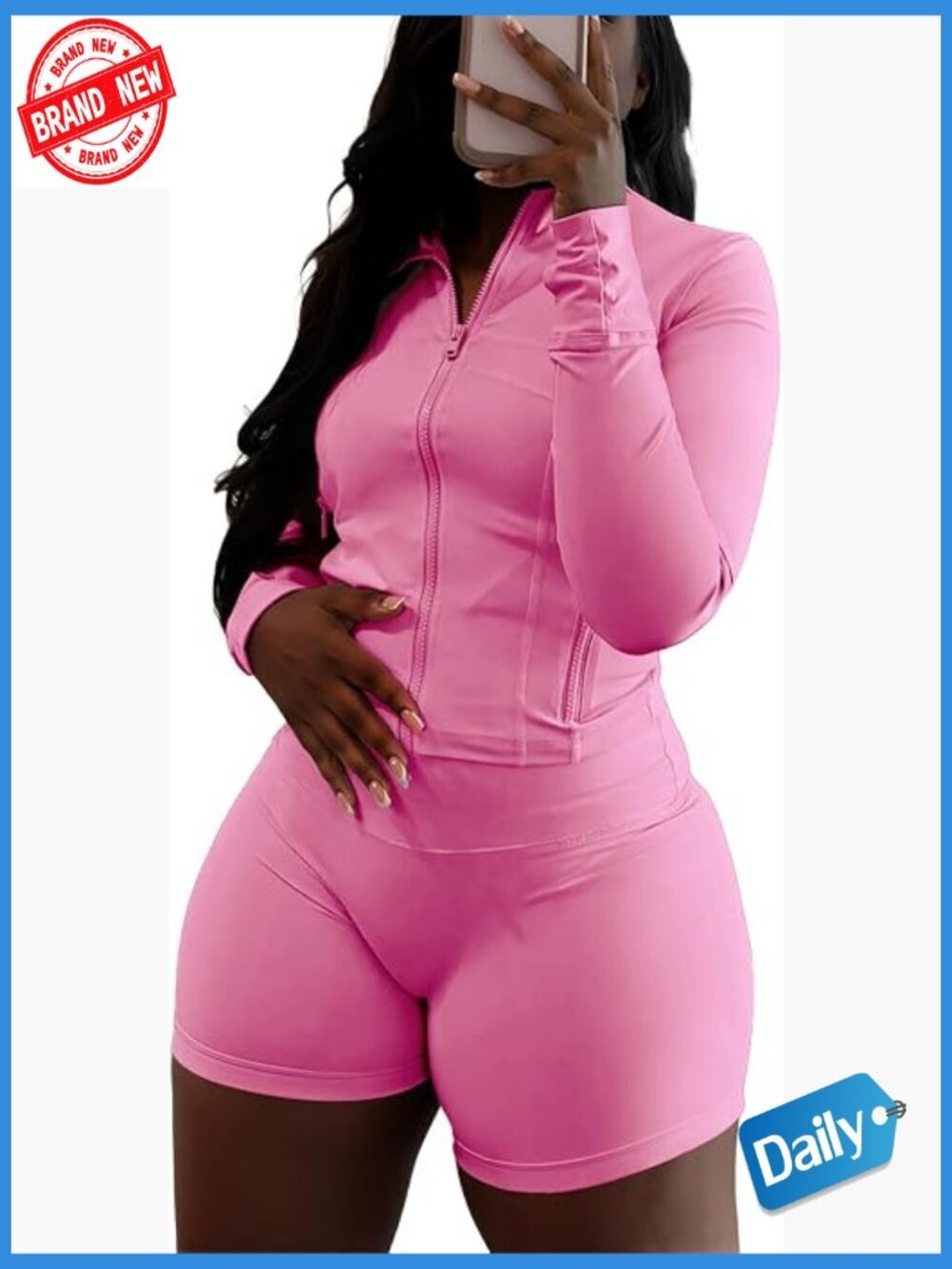 Workout Sets 2 Piece Long Sleeve Zip Jacket Biker Shorts Set Tracksuit